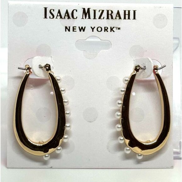 ISAAC MIZRAHI Gold Tone Pearl Oval Hoop Earrings 1.5 inch approx - Picture 6 of 7